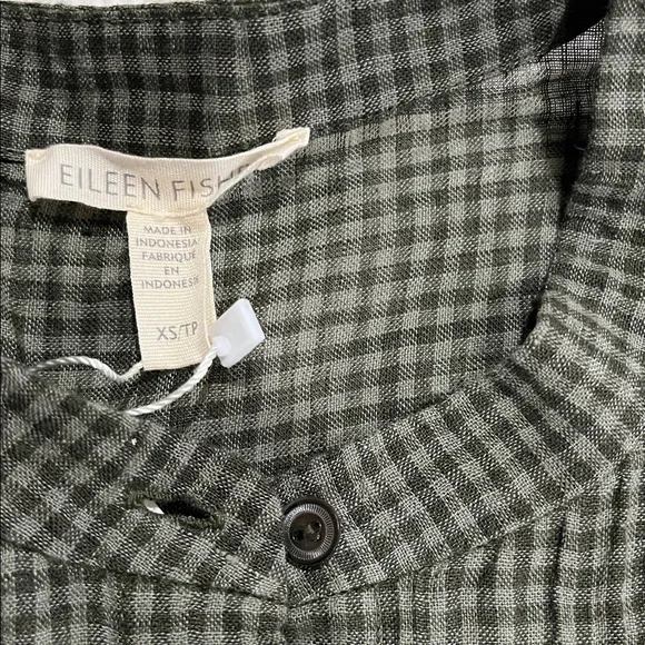 Eileen Fisher Loden Green Gingham Puckered Organic Linen Dress XS NWT
